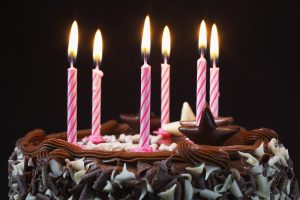 Birthday cake with lit candles, close-up